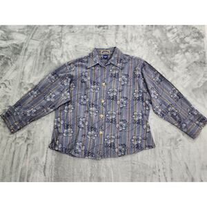 Vintage Shaver Lake Top Womens L‎ Blue Tan Floral Striped Long Sleeve Shacket